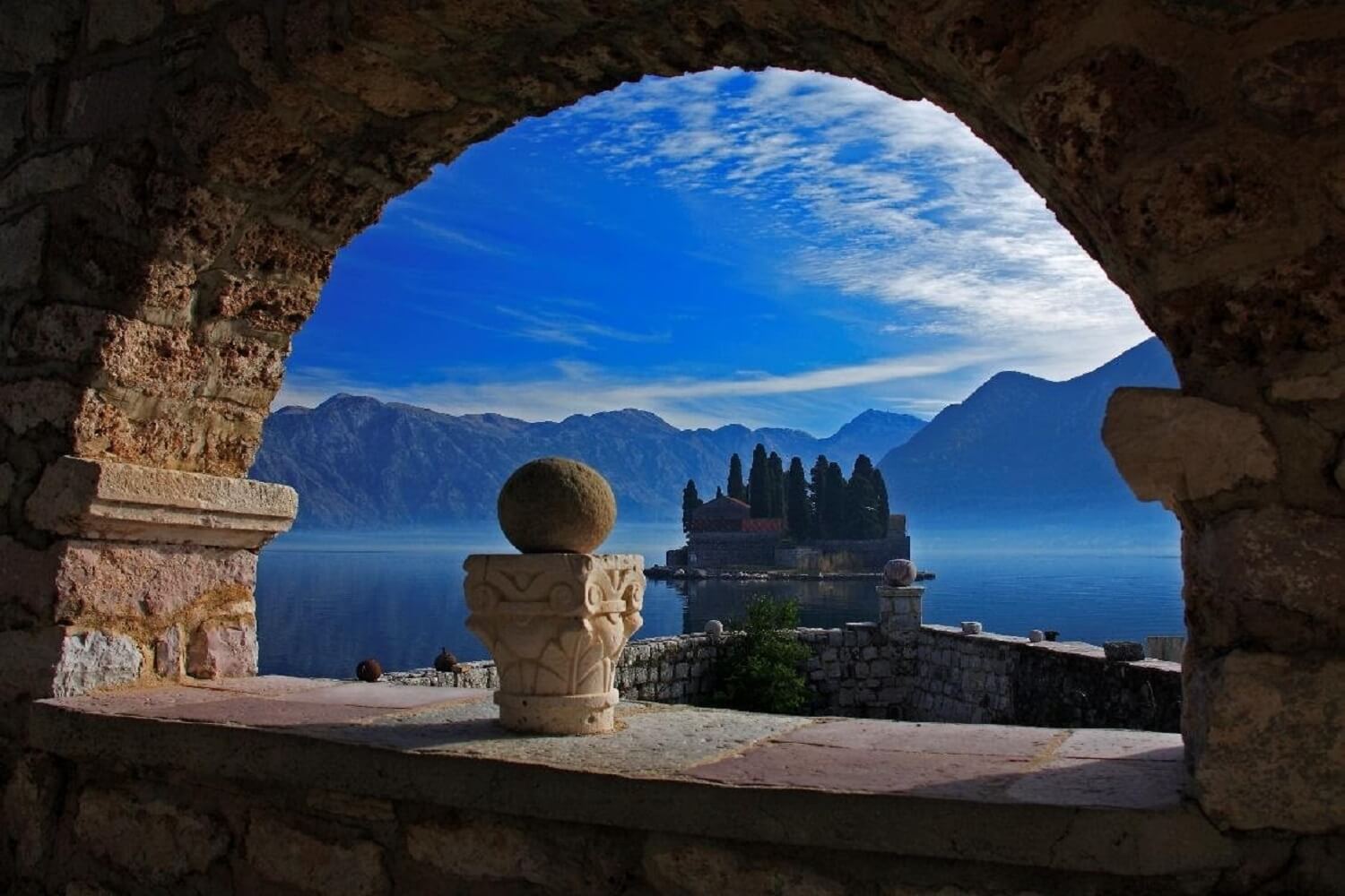 kotor montenegro view of the saint george island from our lady of the rocks