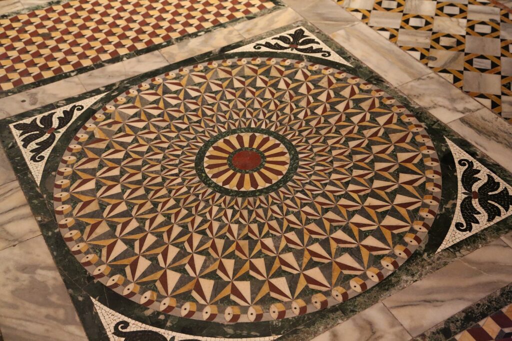 Vrmac Nature Park: circling stories about the decorative stone from Kotor built in the church of Saint Mark in Venice. On this picture detail of the floor from the St. Mark church with decorative stones in various colours
