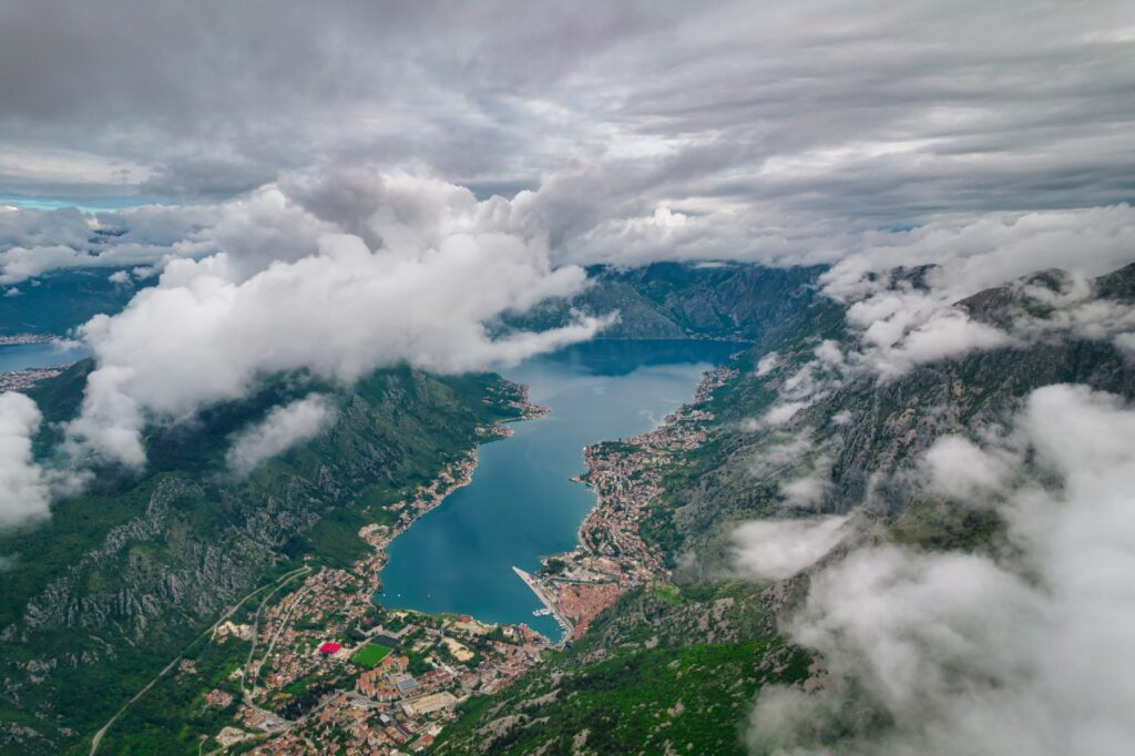 kotor cable car kotor bay aerial view with clouds